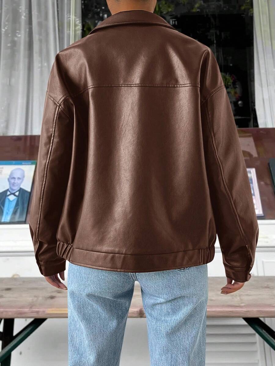 Drop Shoulder Cropped PU Leather Jacket for Stylish Fall and Winter Looks - women outerwear jacket visible in all media images, product image 1