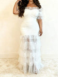 Front view of Plus Size Women's Bohemian Sheer Off-Shoulder Dress for Spring and Summer - Perfect for Festivals, Casual Occasions, and Beach Vacations in White color