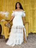 Back view of Plus Size Women's Bohemian Sheer Off-Shoulder Dress for Spring and Summer - Perfect for Festivals, Casual Occasions, and Beach Vacations in White color