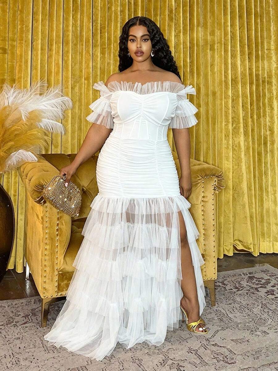 Back view of Plus Size Women's Bohemian Sheer Off-Shoulder Dress for Spring and Summer - Perfect for Festivals, Casual Occasions, and Beach Vacations in White color