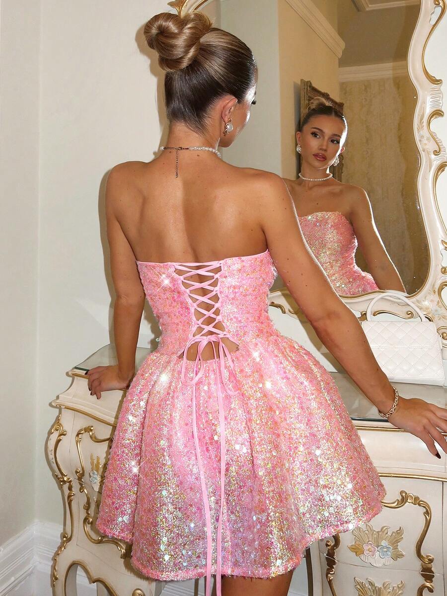 Pink sequin cocktail dress with fitted bodice