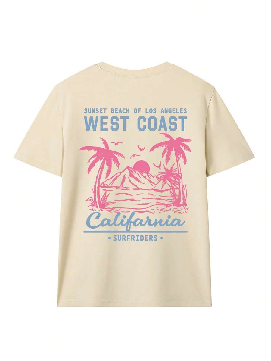 Back lifestyle view of apricot West Coast palm tree graphic tee with Sunset Beach Los Angeles print