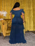 Front view of Plus Size Women's Bohemian Sheer Off-Shoulder Dress for Spring and Summer - Perfect for Festivals, Casual Occasions, and Beach Vacations in Navy Blue color