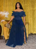 Side profile of Plus Size Women's Bohemian Sheer Off-Shoulder Dress for Spring and Summer - Perfect for Festivals, Casual Occasions, and Beach Vacations in Navy Blue color