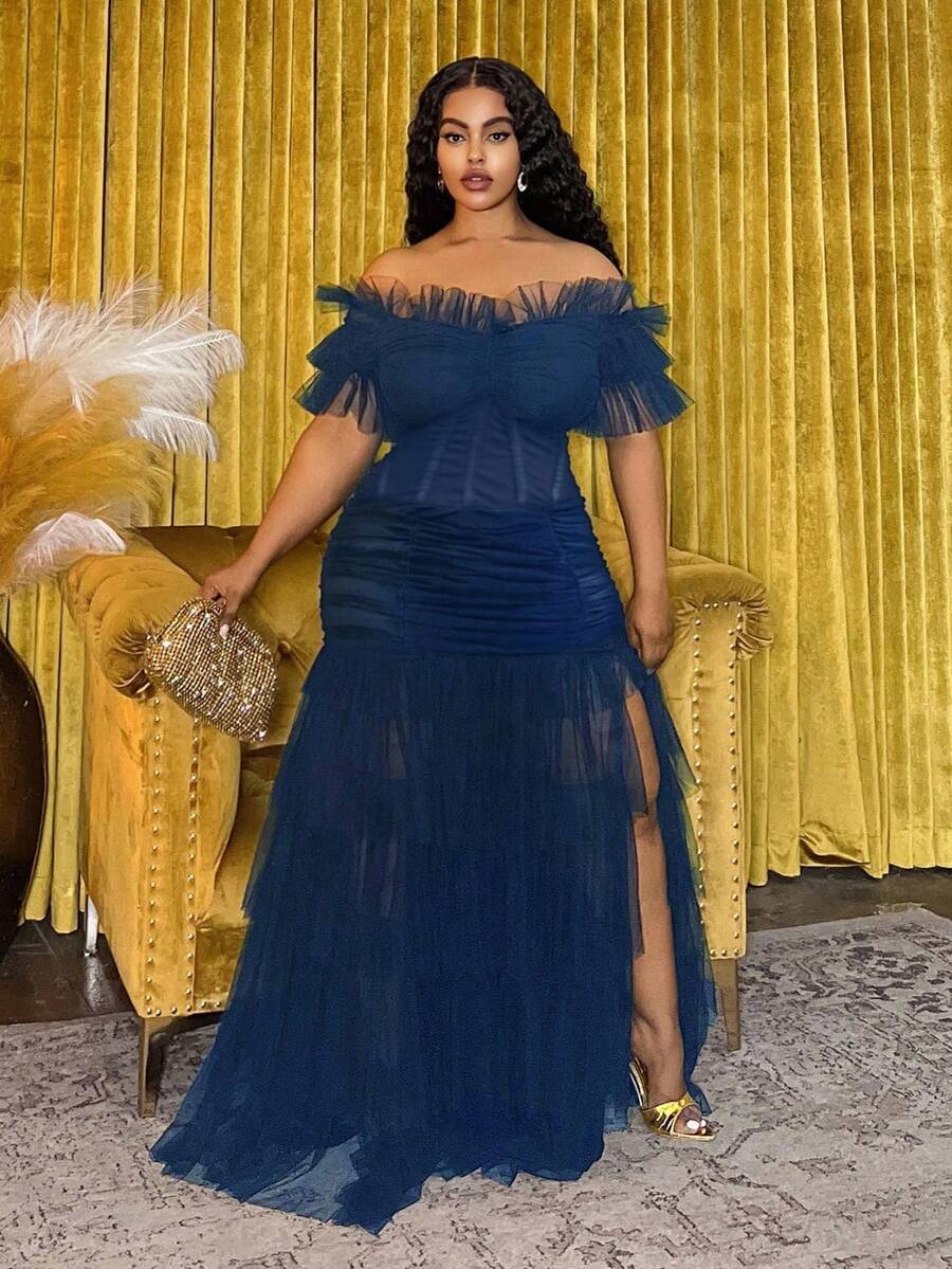 Side profile of Plus Size Women's Bohemian Sheer Off-Shoulder Dress for Spring and Summer - Perfect for Festivals, Casual Occasions, and Beach Vacations in Navy Blue color