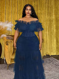 Back view of Plus Size Women's Bohemian Sheer Off-Shoulder Dress for Spring and Summer - Perfect for Festivals, Casual Occasions, and Beach Vacations in Navy Blue color