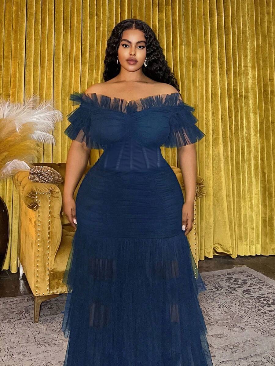 Back view of Plus Size Women's Bohemian Sheer Off-Shoulder Dress for Spring and Summer - Perfect for Festivals, Casual Occasions, and Beach Vacations in Navy Blue color