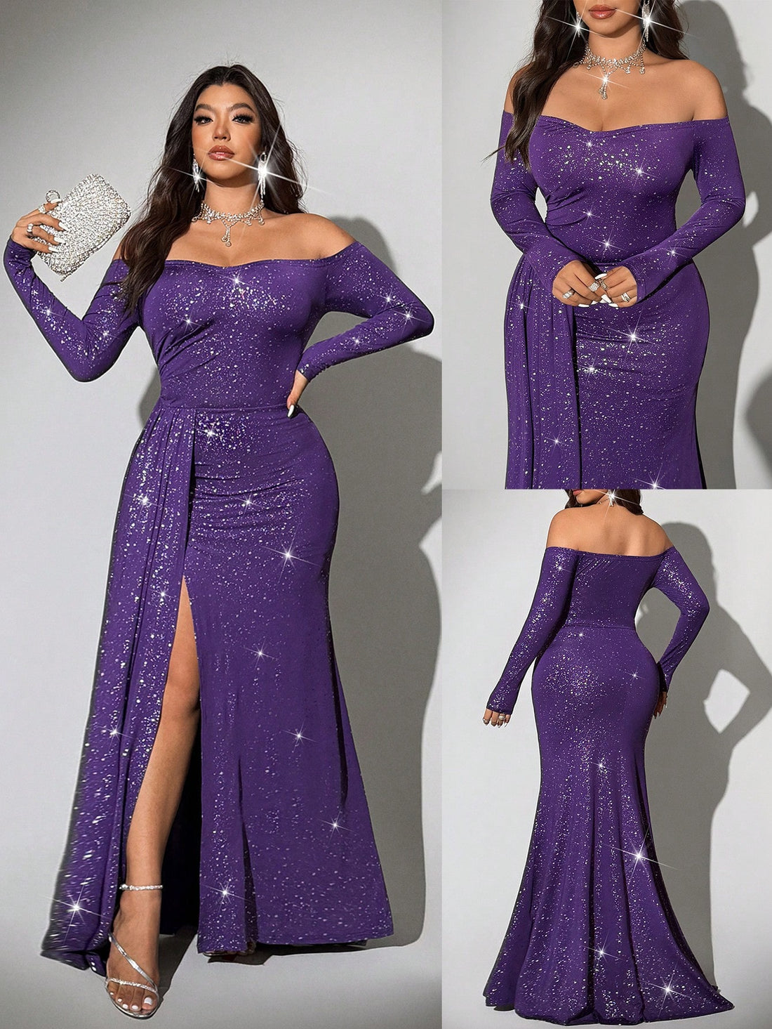 Shimmer and shine in this stunning off-shoulder party dress designed to celebrate your curves! Crafted with eye-catching glitter detailing, this plus-size beauty features a flattering silhouette with a chic side slit for effortless movement. The elegant off-shoulder neckline adds a touch of sophistication while keeping things fun and flirty. Perfect for cocktail nights, celebrations, or any occasion where you want to turn heads and feel absolutely fabulous. Slip into confidence and let your sparkle do the t