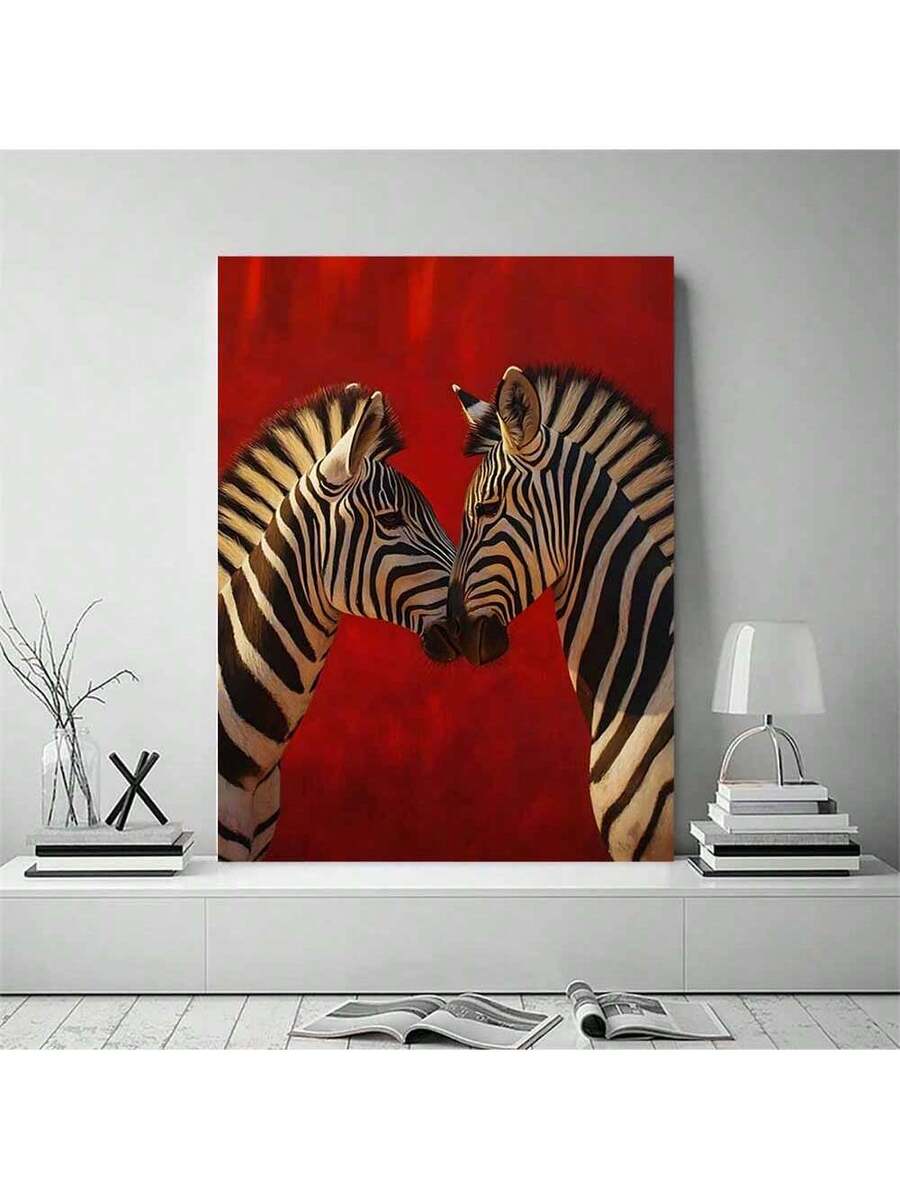 Zebra pair canvas wall art with red black and white background