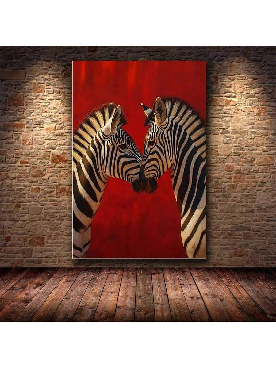 Zebra canvas print on brick wall room mockup