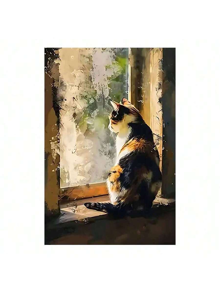Calico cat by window canvas wall art