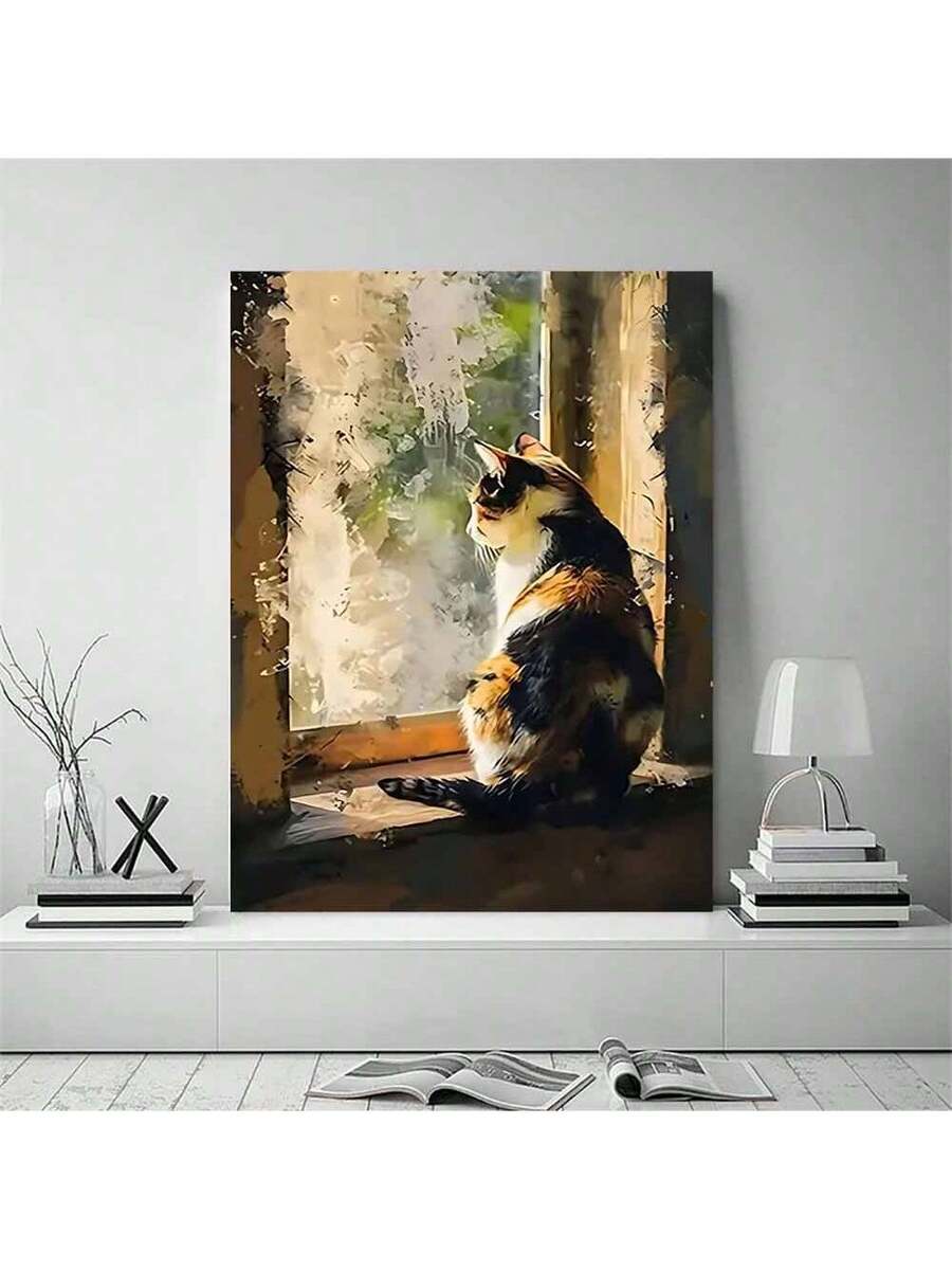 Calico cat canvas print in white room mockup