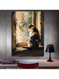 Calico cat wall art on concrete wall above desk