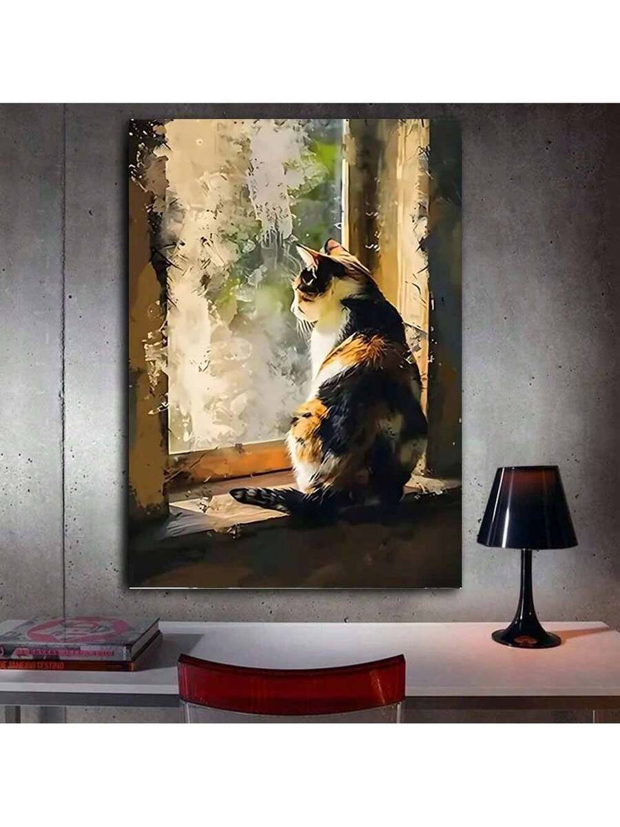 Calico cat wall art on concrete wall above desk