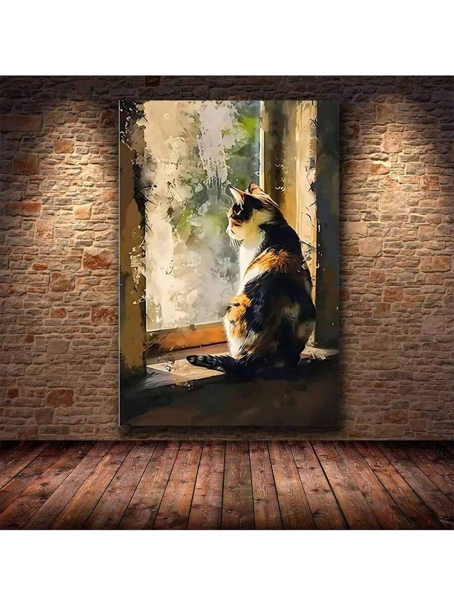 Calico cat canvas print on brick wall mockup