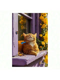 Orange tabby cat on purple windowsill canvas wall art