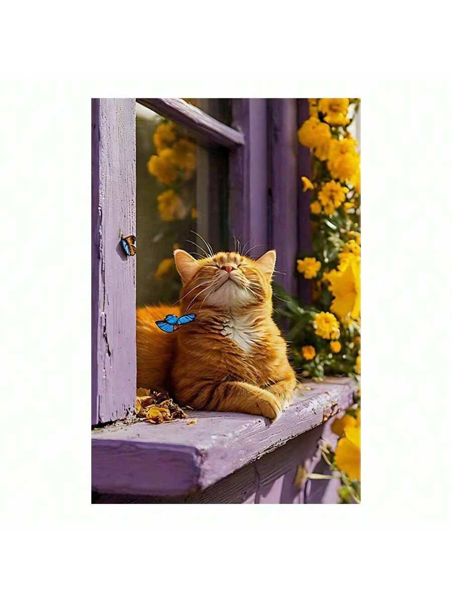 Orange tabby cat on purple windowsill canvas wall art
