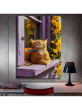 Orange cat wall art on concrete wall above desk