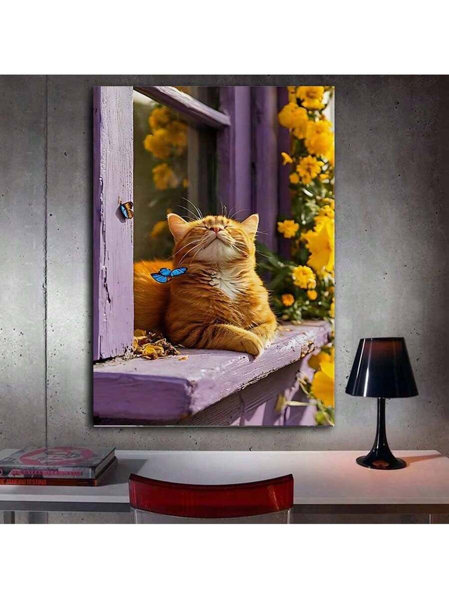 Orange cat wall art on concrete wall above desk
