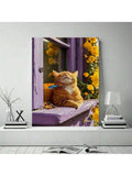 Tabby cat window canvas print in white room mockup