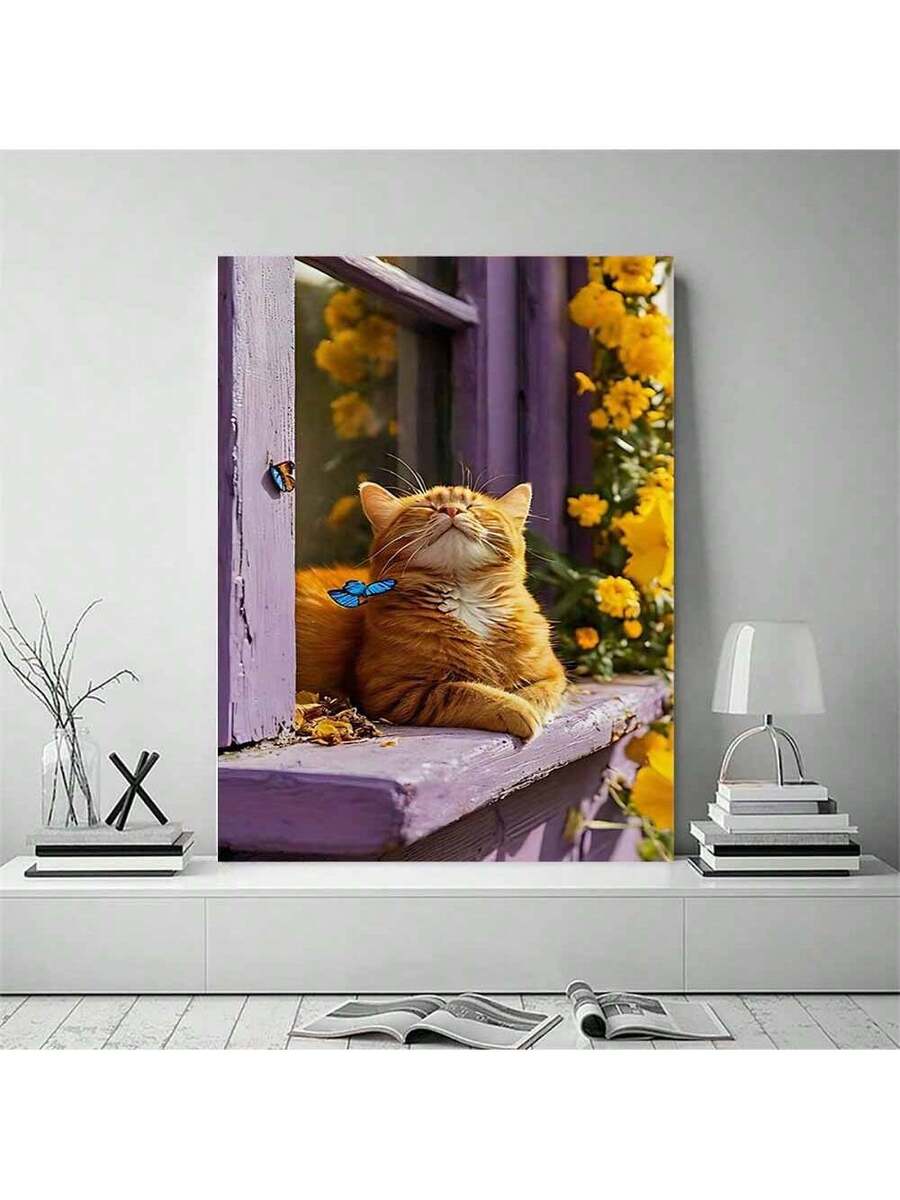 Tabby cat window canvas print in white room mockup