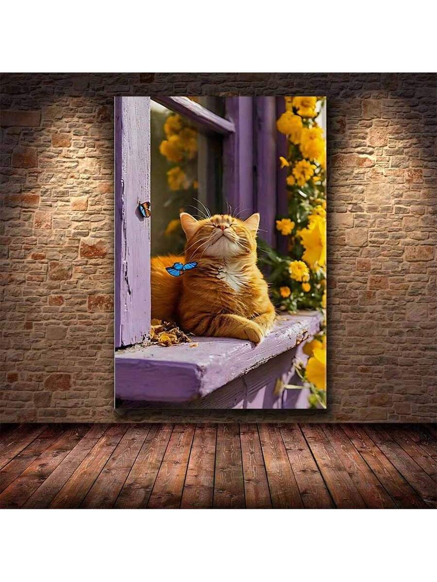 Orange cat canvas print on brick wall mockup