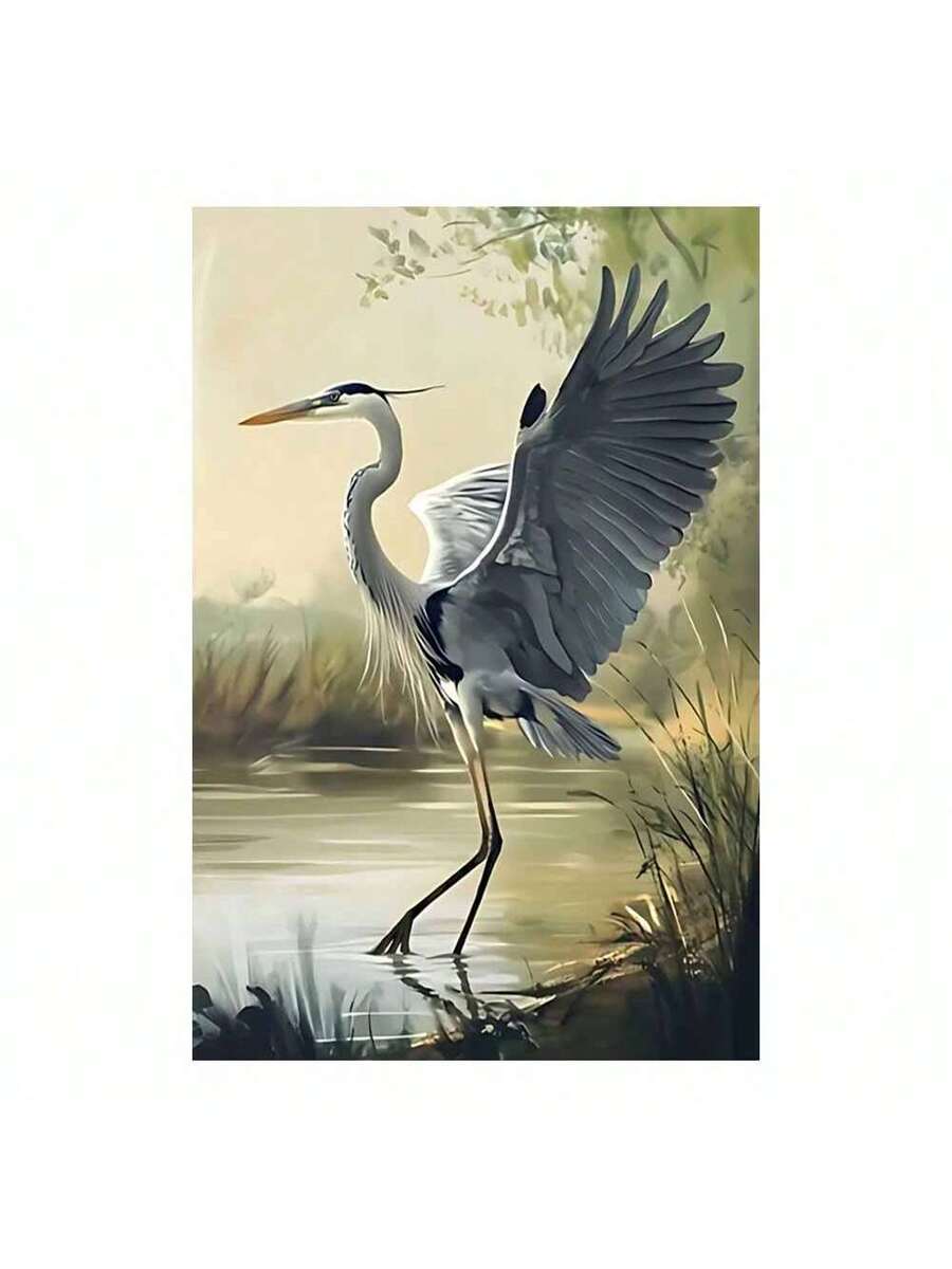 Heron bird canvas wall art with raised wing