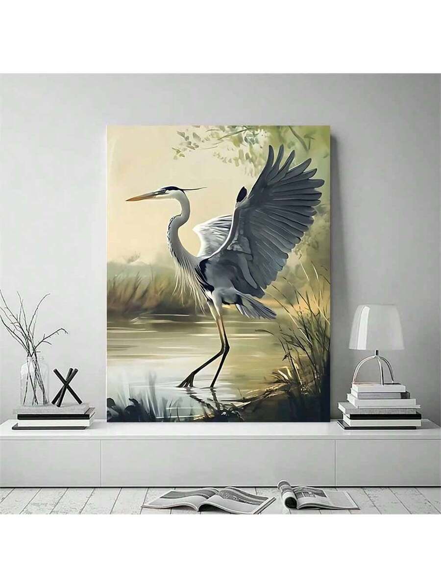 Heron wildlife wall print in white room mockup