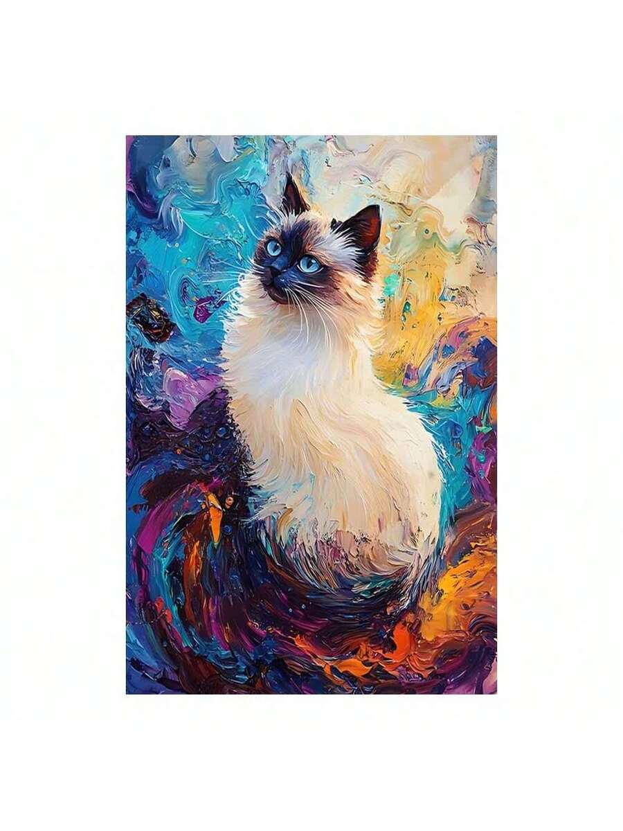 Colorful fluffy cat portrait canvas wall art