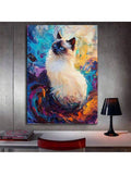 Colorful cat wall art on concrete wall above desk