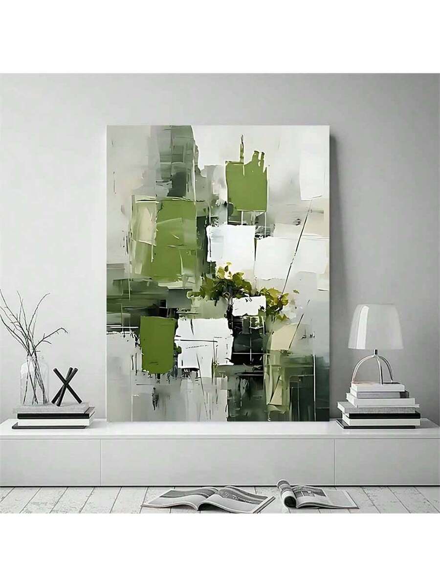 Green abstract canvas print in white room mockup