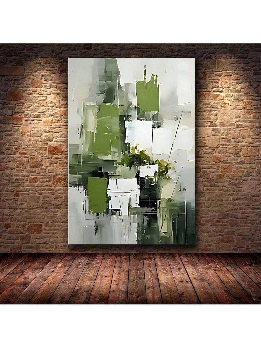 Green abstract canvas print on brick wall mockup