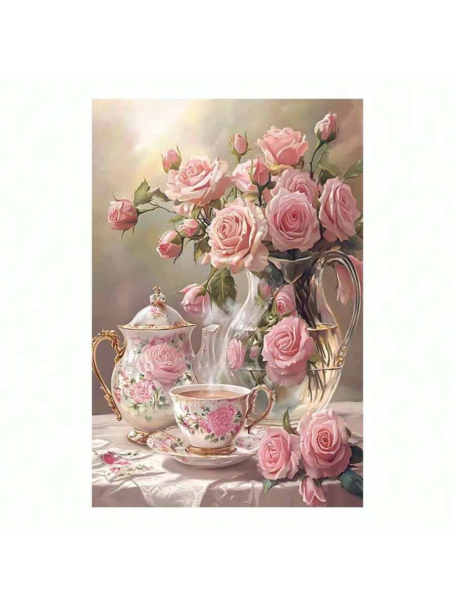 Pink rose tea still life canvas wall art