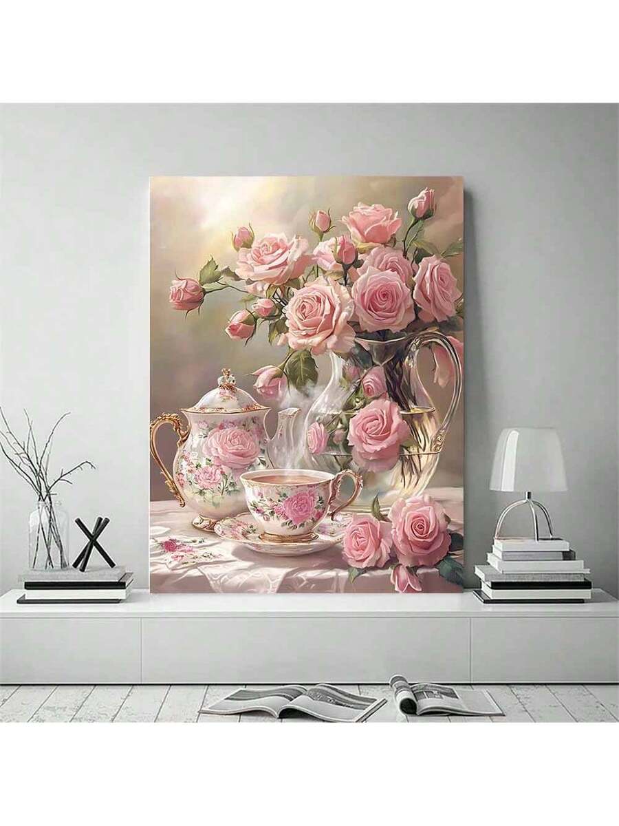 Rose tea set canvas print in white room mockup