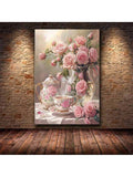 Rose tea still life canvas print on brick wall mockup