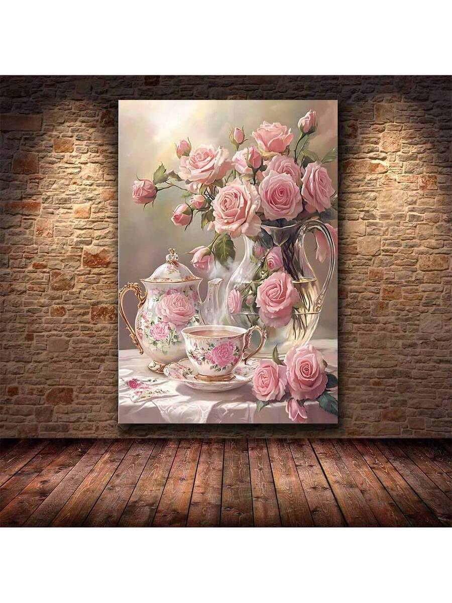Rose tea still life canvas print on brick wall mockup
