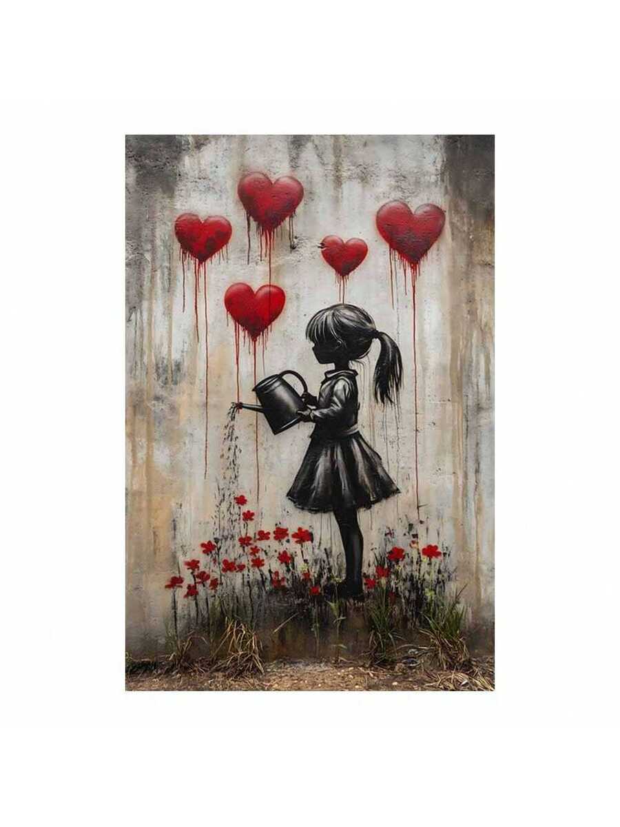 Street art girl watering red hearts canvas print