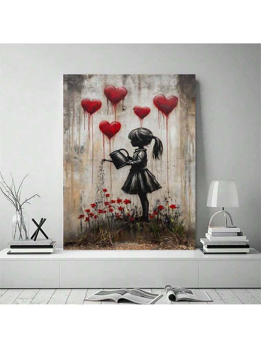 Girl with hearts wall art in white room mockup