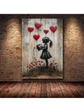 Girl watering hearts canvas on brick wall mockup