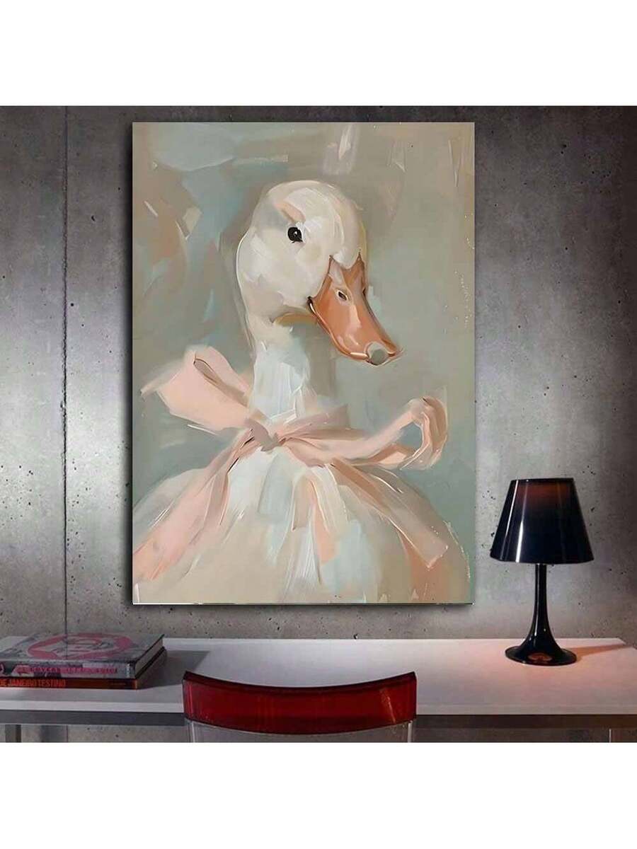 Duck wall art on concrete wall above desk