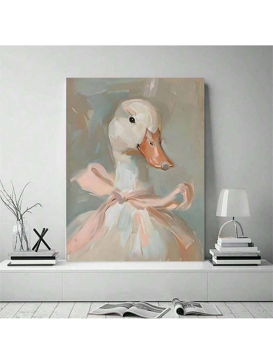 Pastel white duck portrait canvas wall art with peach bow