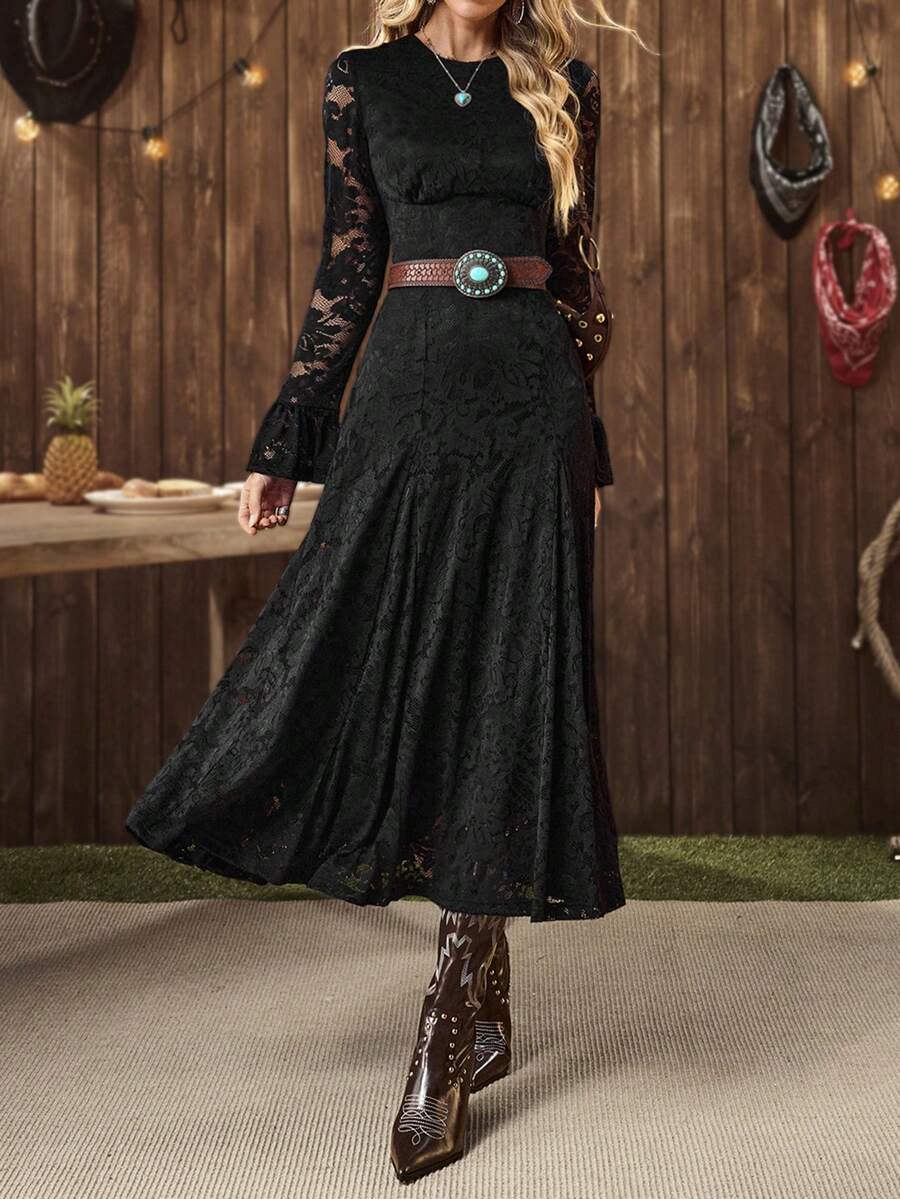 Front view of black lace midi dress for formal evenings