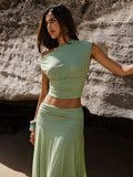 Style view of Minimalist Asymmetric Collar Cropped Top and Skirt Set for Women - Chic Solid Color Ensemble for women co-ord styling