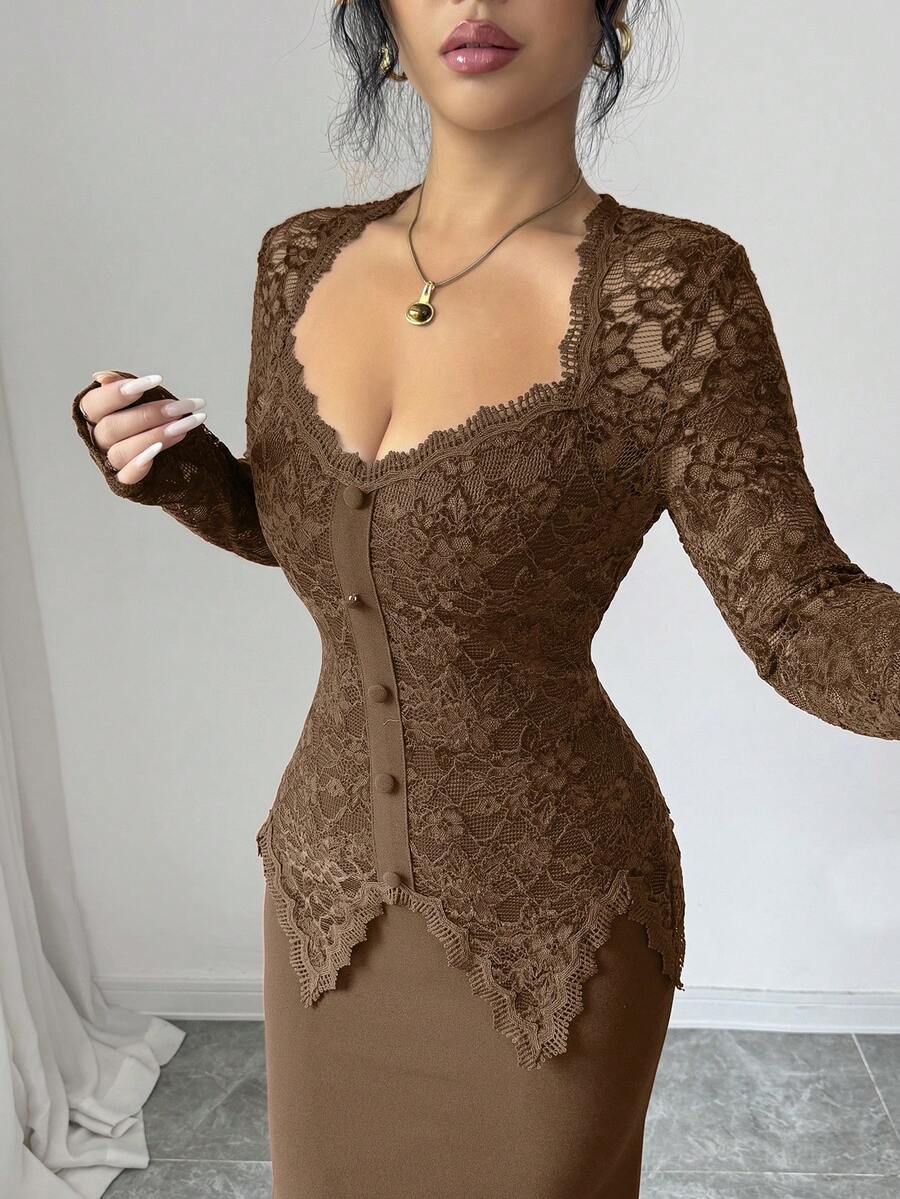 Experience the breathtaking fusion of heritage artisanal artistry and sharp, modern architectural tailoring. This stunning lace-patchwork ensemble is meticulously designed for the woman who values a high-fashion, "quiet luxury" approach to professional and social dressing—the ultimate centerpiece for prestigious evening retreats, exclusive gallery soirées, and high-authority business-to-dinner transitions.