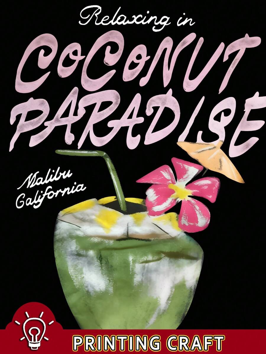 Close-up of Coconut Paradise tropical drink and Malibu California T-shirt artwork