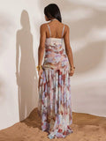 Front view of olive and brown tie-dye corset maxi dress with sweetheart neckline