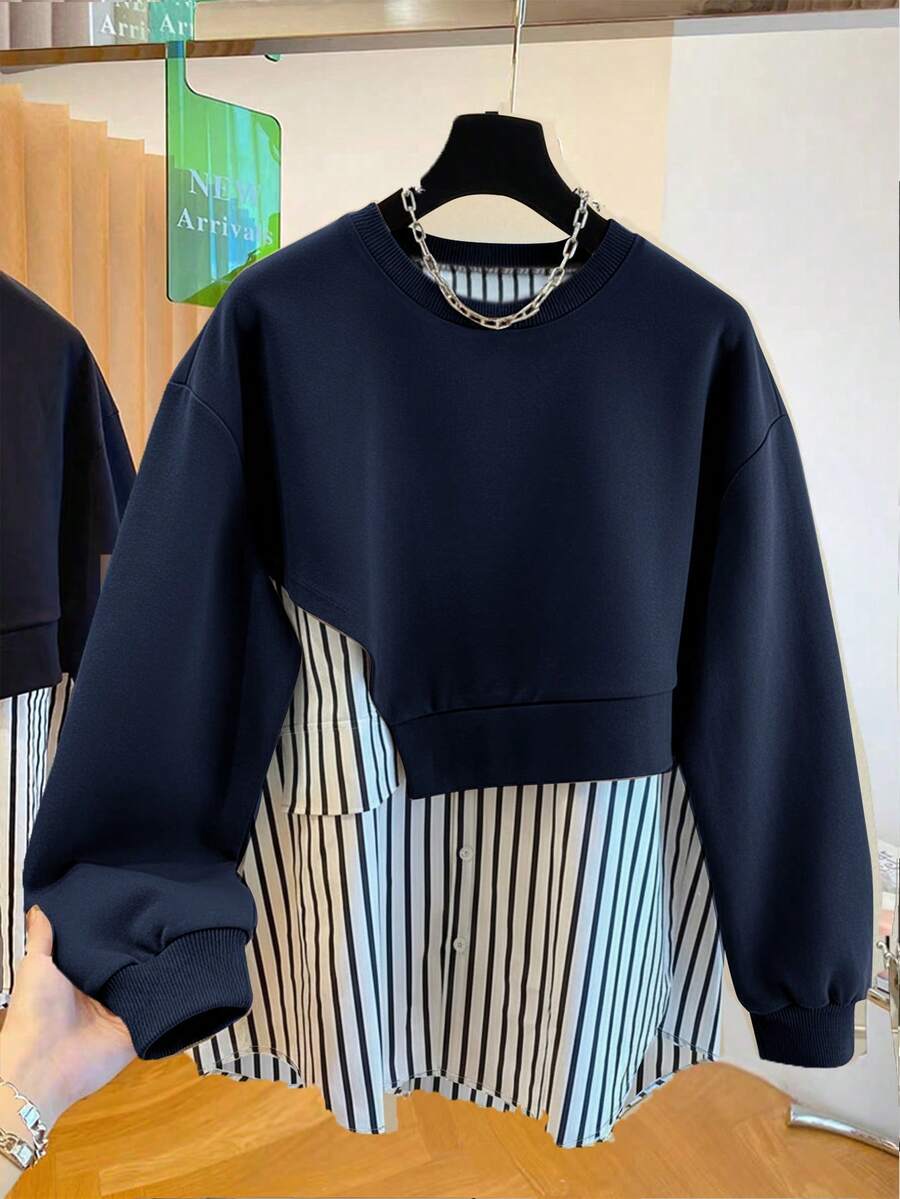 Front view of Chic Women's Solid Color Vertical Stripe Crew Neck Long Sleeve Sweatshirt in Navy Blue color