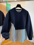 Front view of Chic Women's Solid Color Vertical Stripe Crew Neck Long Sleeve Sweatshirt in Navy Blue color
