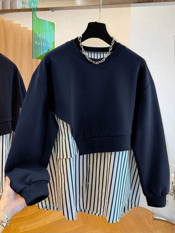 Front view of Chic Women's Solid Color Vertical Stripe Crew Neck Long Sleeve Sweatshirt in Navy Blue color