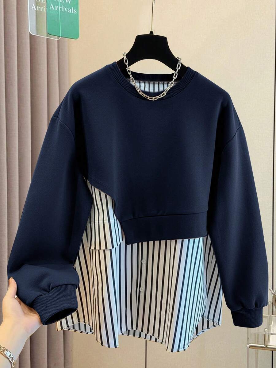 Back view of Chic Women's Solid Color Vertical Stripe Crew Neck Long Sleeve Sweatshirt showing overall fit